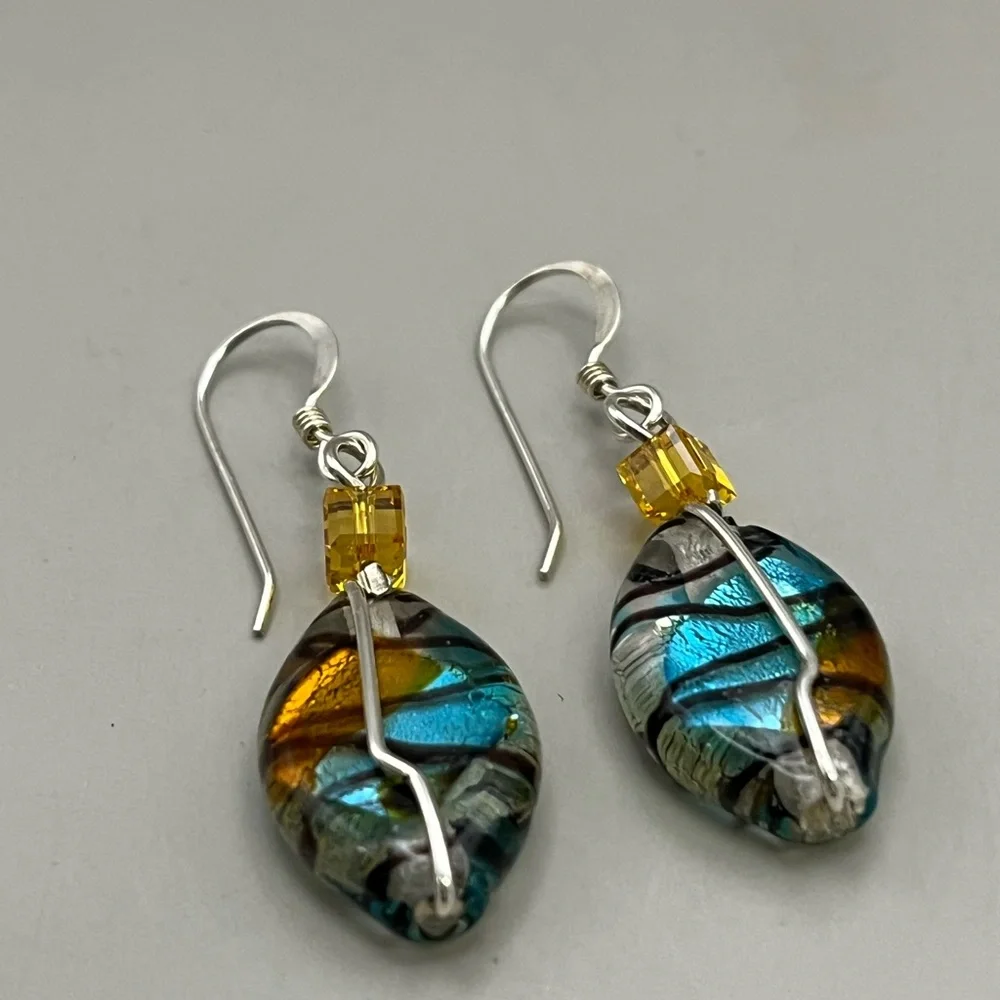 Sterling Silver and Blue Artistic Murano Swirl Earrings - Picture 1 of 3